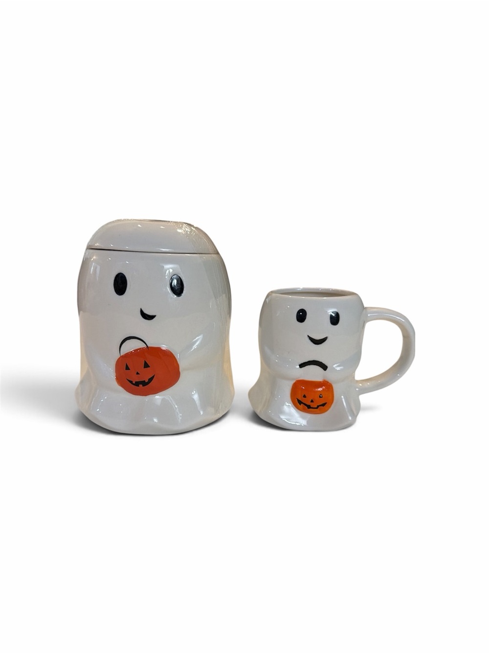 White Ghost Halloween Candy Jar and Mug Set with Orange Pumpkin Accents